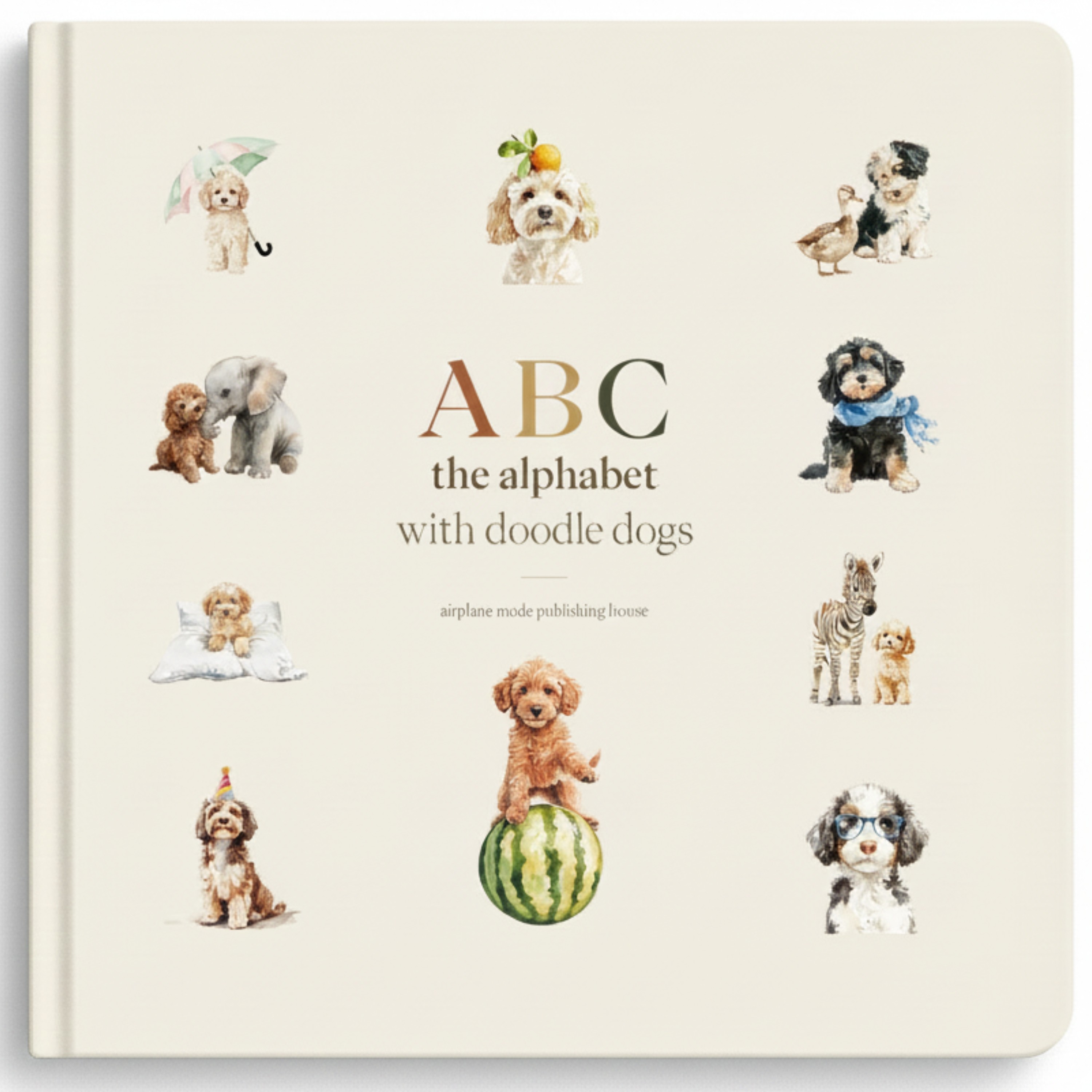 ABC the Alphabet with Doodle Dogs — cream hardcover with scattered watercolor doodle dog illustrations