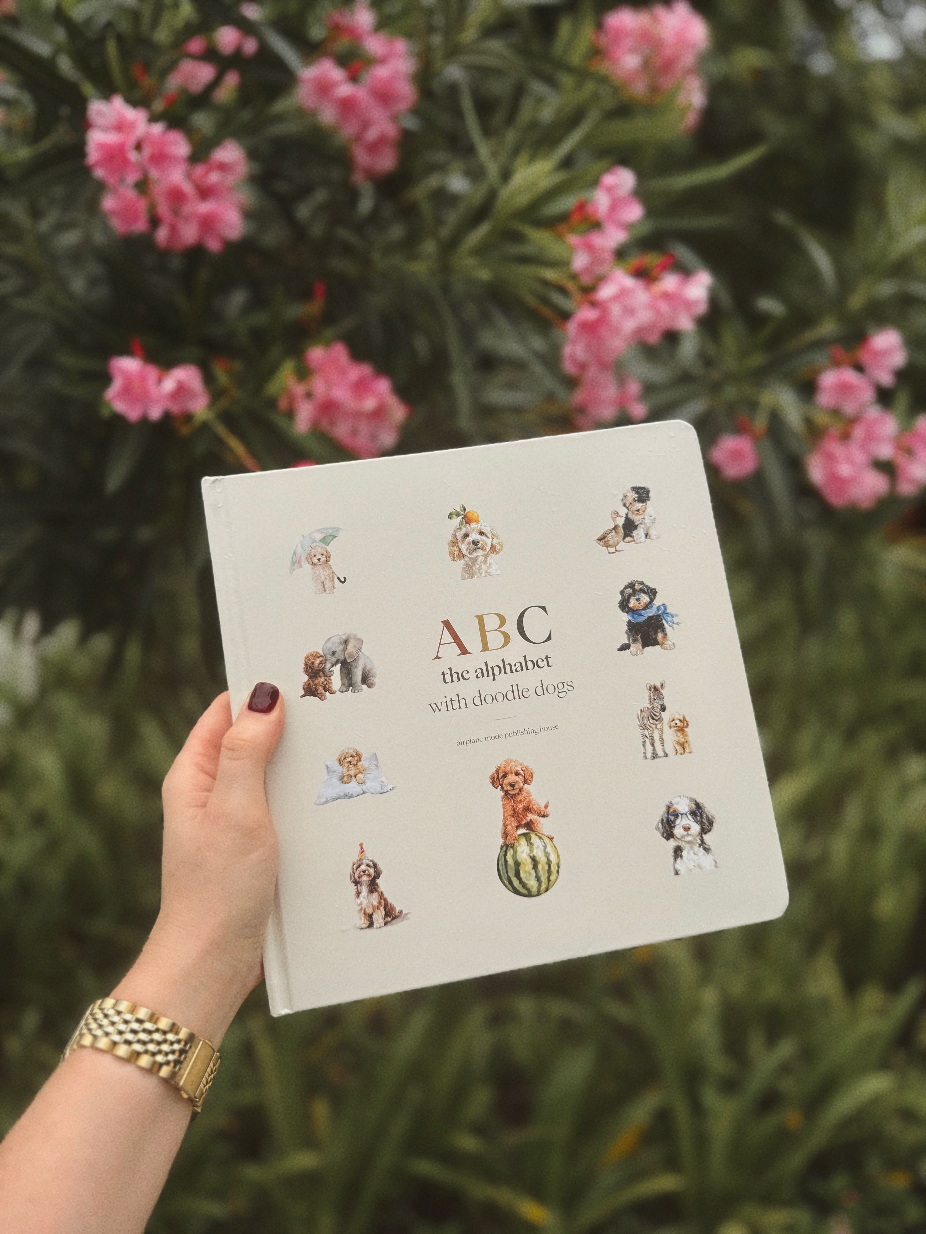 ABC Doodle Dogs book spread with illustrated dogs and alphabet letters
